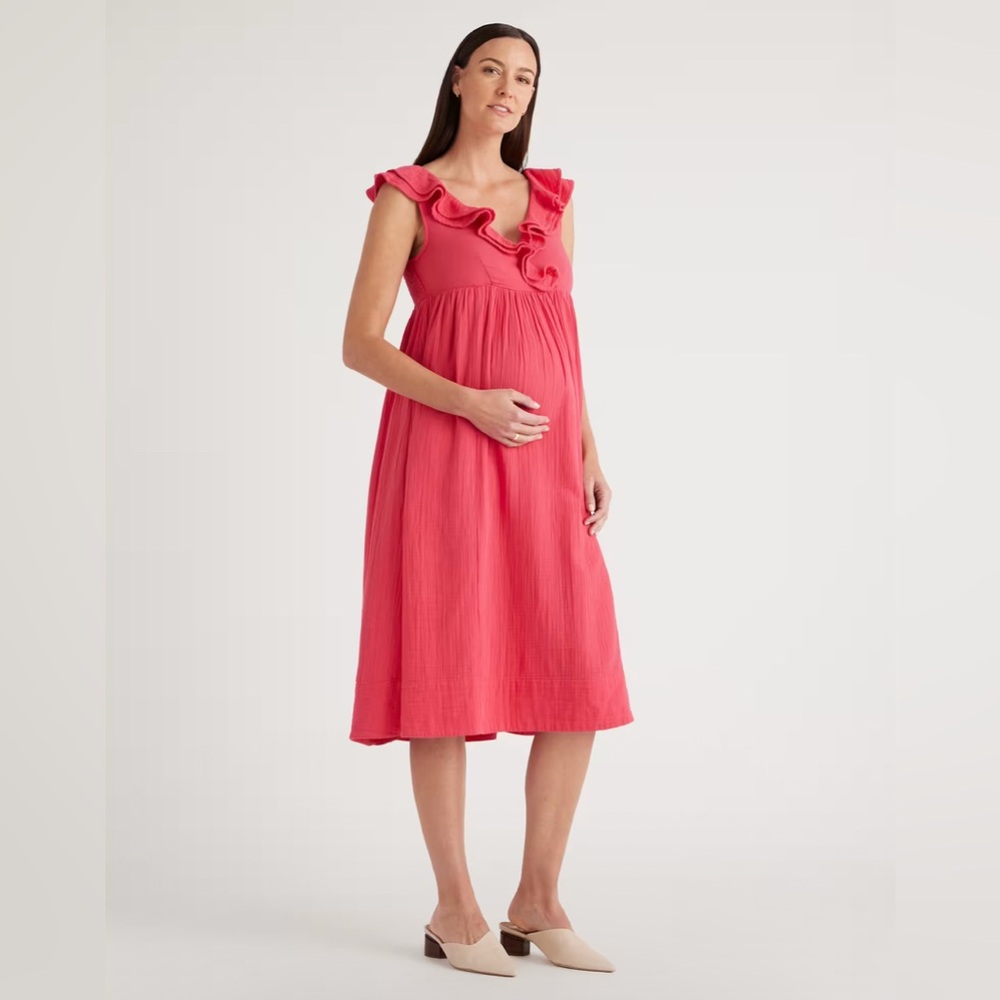 Quince Organic Cotton Gauze Maternity Ruffle Front Dress in Hot Pink